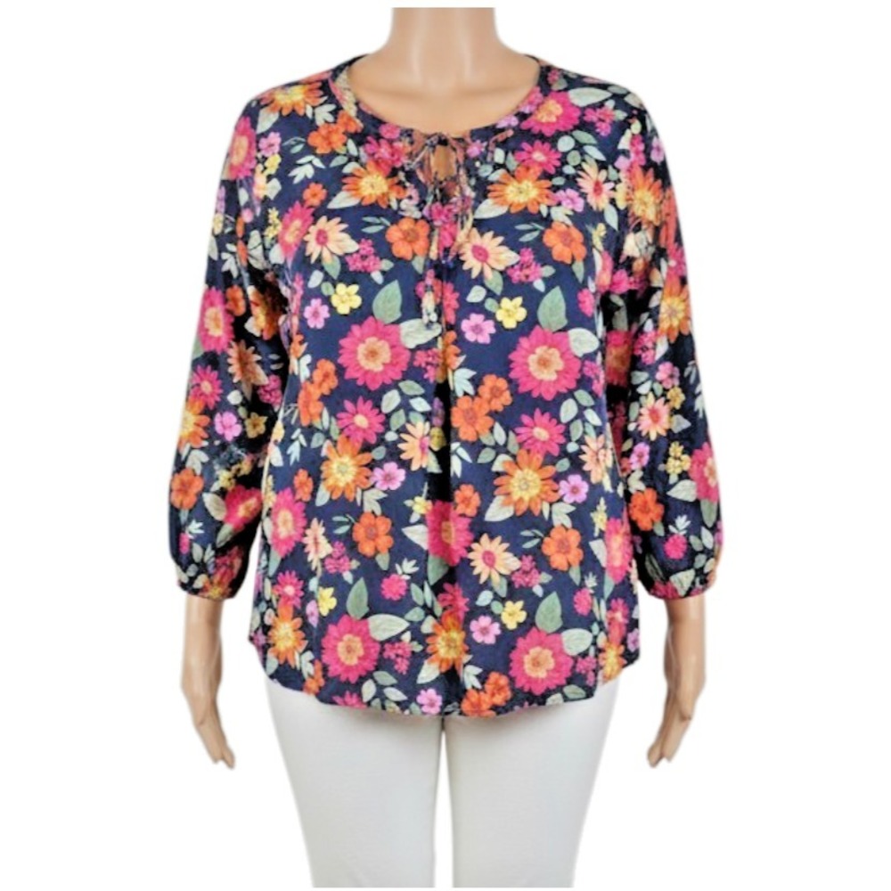 St Johns Bay Women 1X Floral Blouse Cotton Rayon Tie Neck Long Sleeve Boho Top